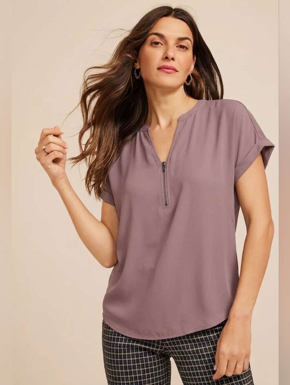 Maurices Dusty Mauve Solid Zipper Neck Blouse Plus Size 0x